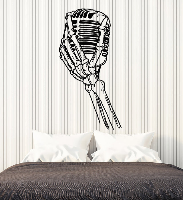 Vinyl Wall Decal Bony Hand With Retro Microphone For Jazz Bar Stickers (2871ig)