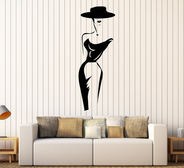 Виниловая наклейка на стену Дамская шляпа Модная модель Элегантная женщина Наклейки Уникальный подарок (1574ig)