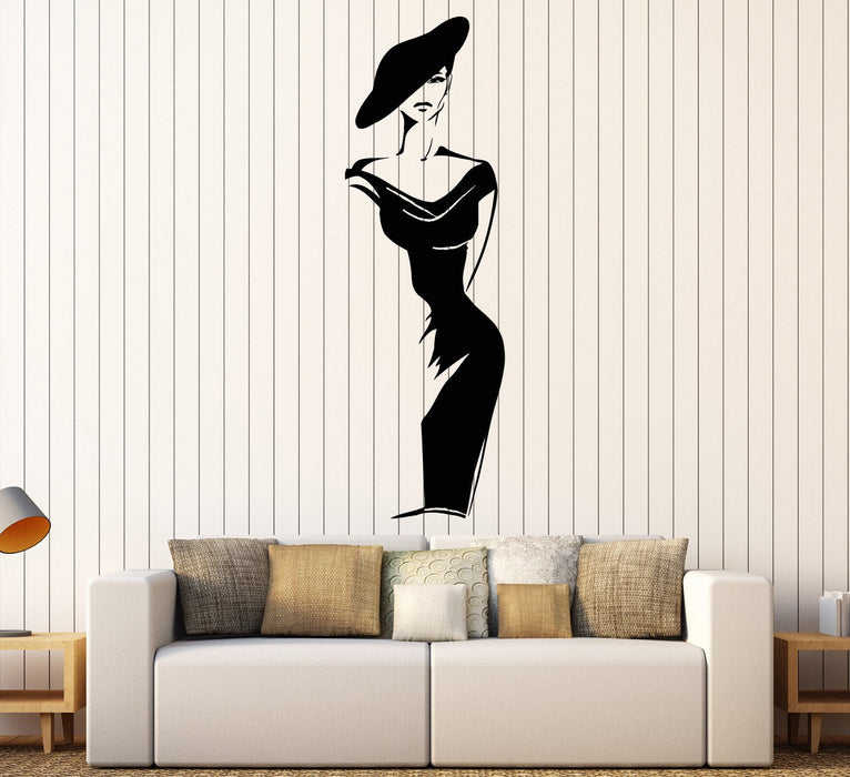 Виниловая наклейка на стену модная девушка шляпа элегантная женщина ретро модель наклейки уникальный подарок (1575ig)