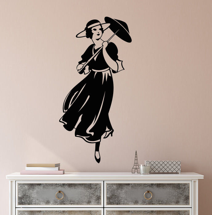 Vinyl Wall Decal Retro Girl Lady With Umbrella In Hat Vintage Doll Stickers (2241ig)
