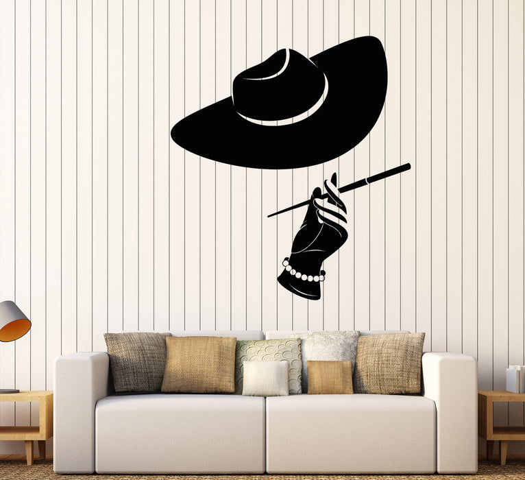 Vinyl Wall Decal Women's Hat Cigarette Pearl Elegant Lady Stickers (2549ig)