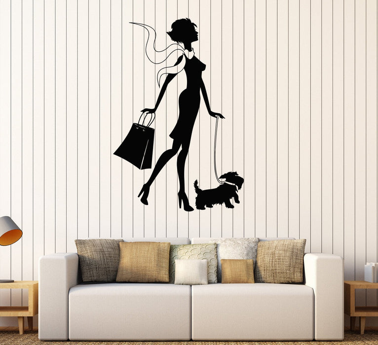 Autocollant mural en vinyle Shopping Femme Chien Fille Mode Style Autocollants Cadeau unique (416ig)
