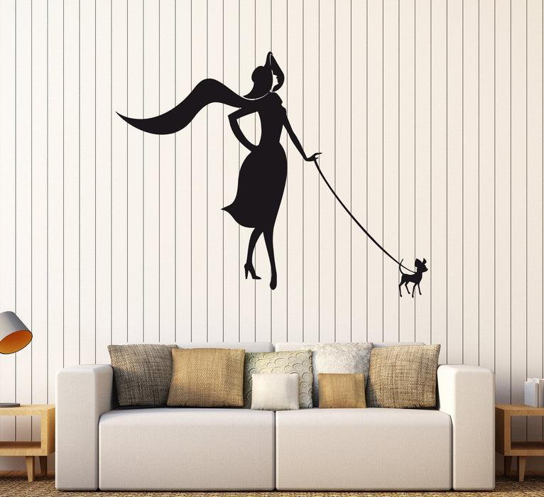 Vinyl Wall Decal Lady with Dog Fashion Style Beauty Woman Stickers Unique Gift (415ig)