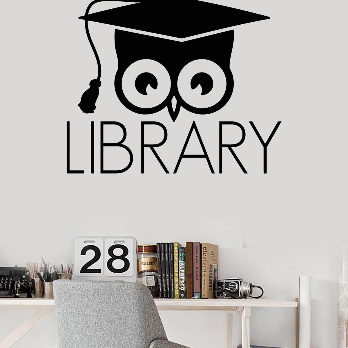 Vinyl Wall Decal Library Books Bookworm Academic Owl Scientific Sticke ...