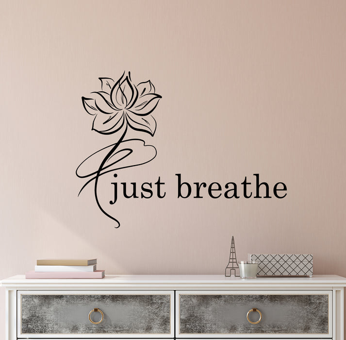Vinyl Wall Decal Just Breathe Logo Quote Yoga Meditation Room Lotus Flower Pattern Stickers (4253ig)
