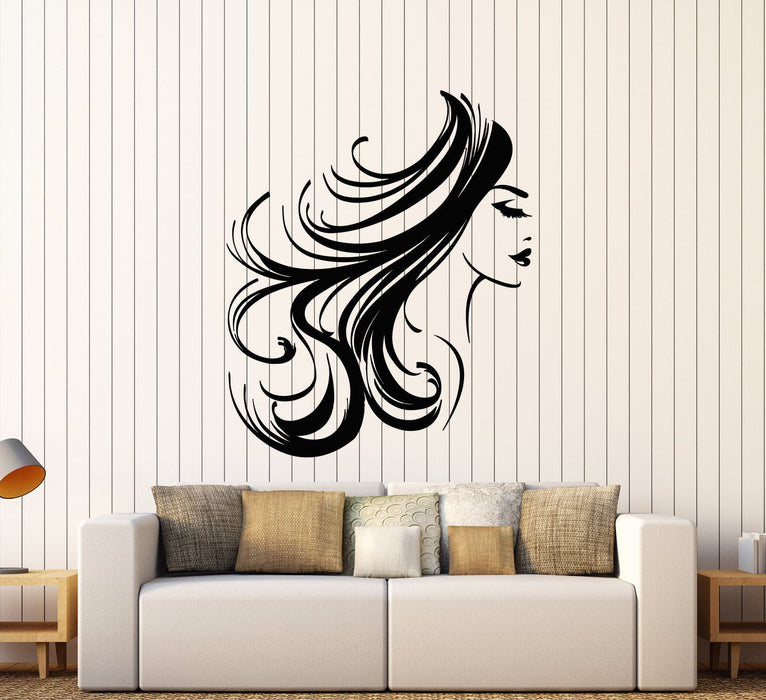 Vinyl Wall Decal Girl Face Woman Long Hair Hairstyle Makeup Stickers (2634ig)