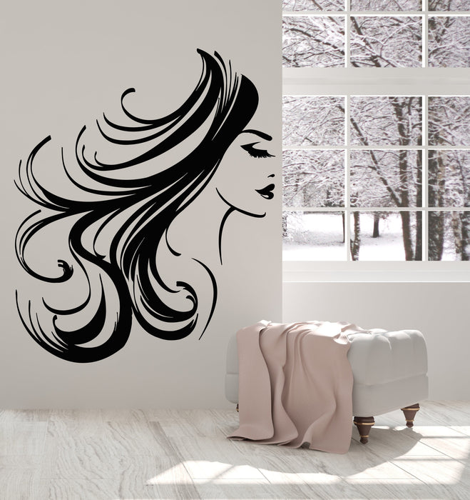 Vinyl Wall Decal Girl Face Woman Long Hair Hairstyle Makeup Stickers (2634ig)