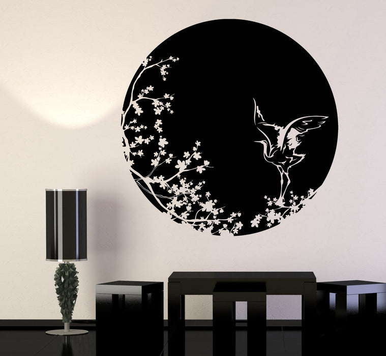 Vinyl Wall Decal Sakura Tree Branch Heron Art Asian Style Bird Stickers Unique Gift (1241ig)