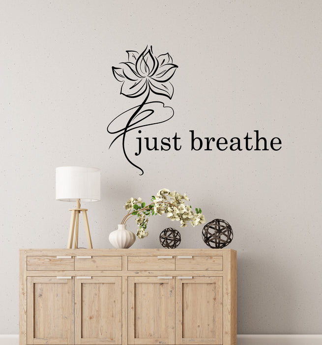 Vinyl Wall Decal Just Breathe Logo Quote Yoga Meditation Room Lotus Flower Pattern Stickers (4253ig)