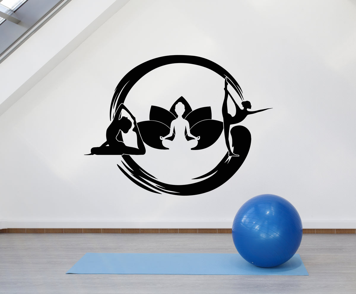 Vinyl Wall Decal Circle Enso Yoga Girls Center Pose Lotus Flower Stick ...