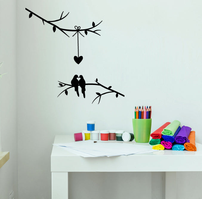 Vinyl Wall Decal Cartoon Love Birds On A Tree Branch Heart Romantic Nu ...