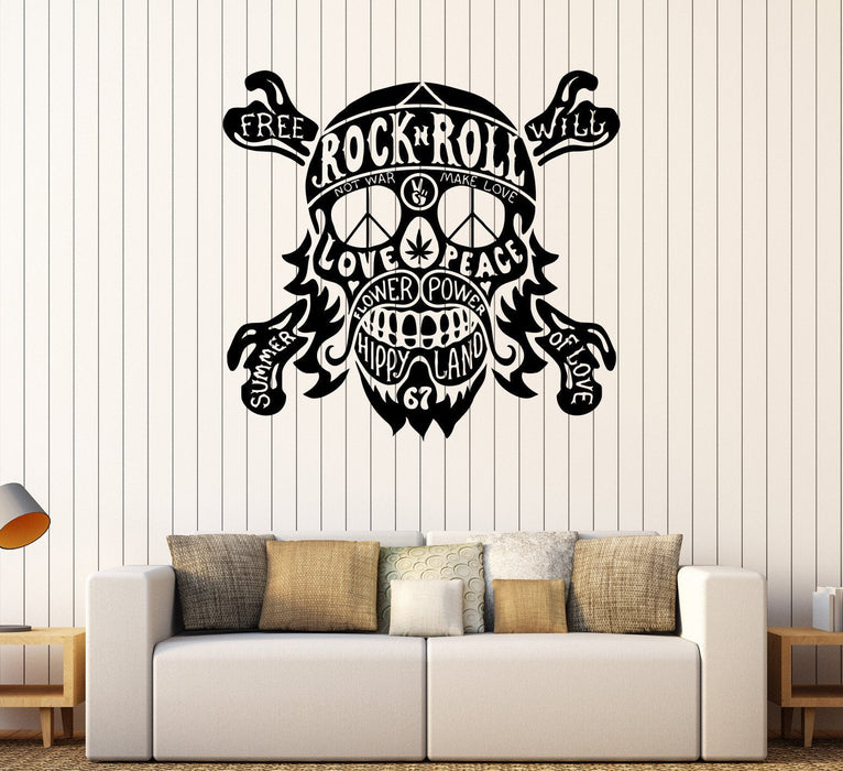 Vinyl Wall Decal Hippie Quote Rock n Roll Skull Peace Stickers Mural Unique Gift (236ig)
