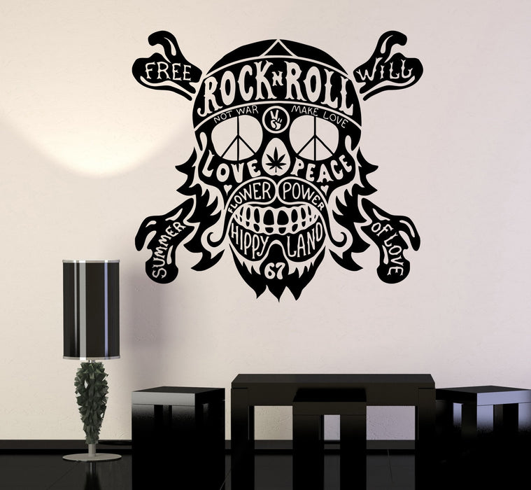 Vinyl Wall Decal Hippie Quote Rock n Roll Skull Peace Stickers Mural Unique Gift (236ig)