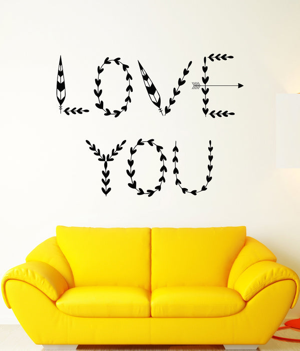 Vinyl Wall Decal Words Love You Romance Hearts Arrow Bedroom Design Stickers Unique Gift (1496ig)