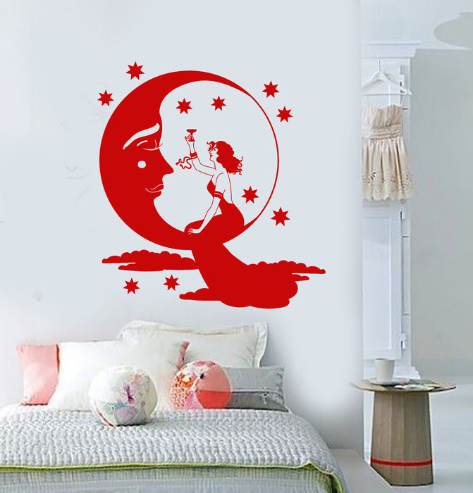Vinyl Wall Decal Fairy tale Moon Face Stars Lady With Glass Of Champagne Stickers (3272ig)