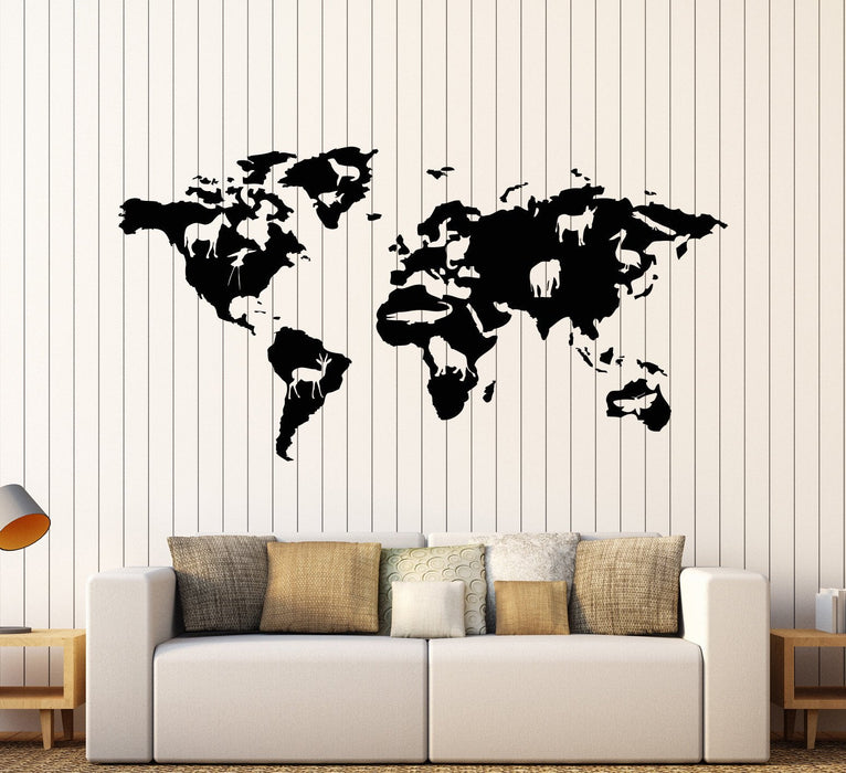 Vinyl Wall Decal World Map Animals Nature School Geography Stickers Unique Gift (945ig)