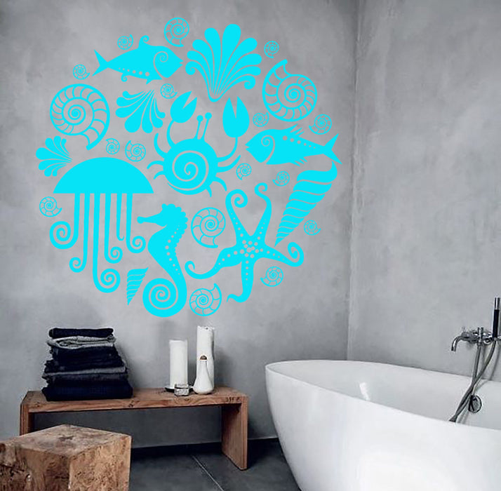 Vinyl Wall Decal Sea Animals Marine Style Ocean Bathroom Design Stickers Unique Gift (926ig)