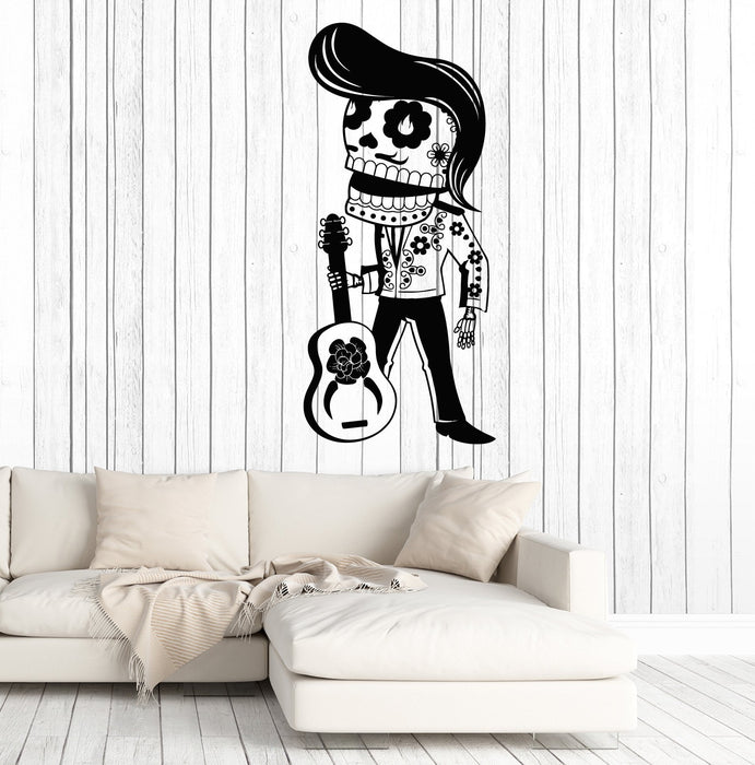 Vinyl Wall Decal Calavera Mexican Day Of The Dead Mariachi Guitarist Stickers Unique Gift (1981ig)