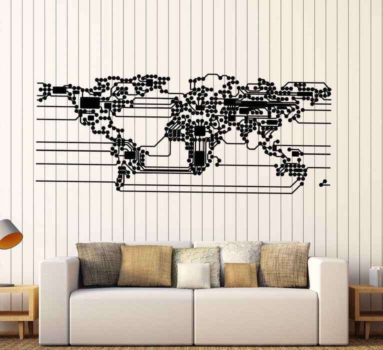 Vinyl Wall Decal Abstract World Map Earth Computer Microchip Scheme Stickers Unique Gift (1877ig)