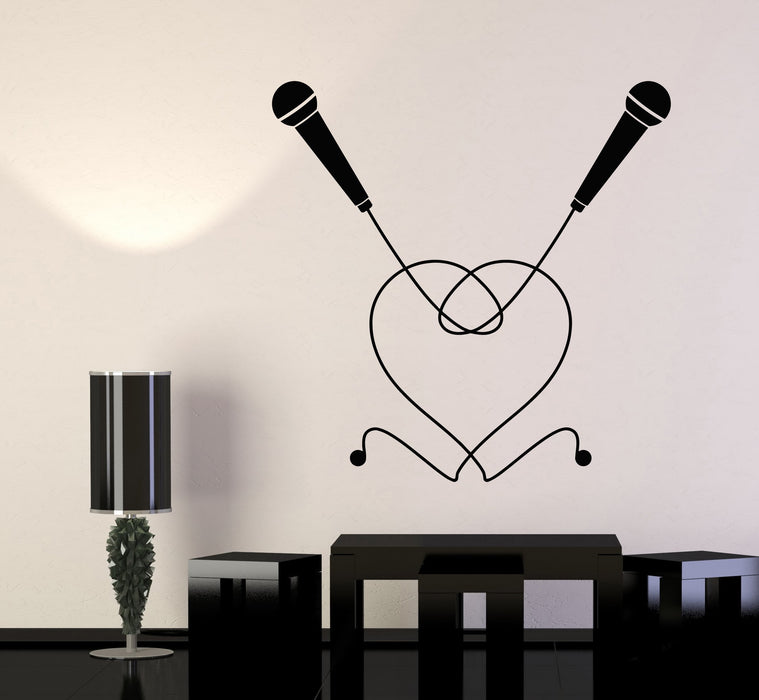 Vinyl Wall Decal Karaoke Bar Decor Microphones Duet Heart Symbol Stickers (2884ig)