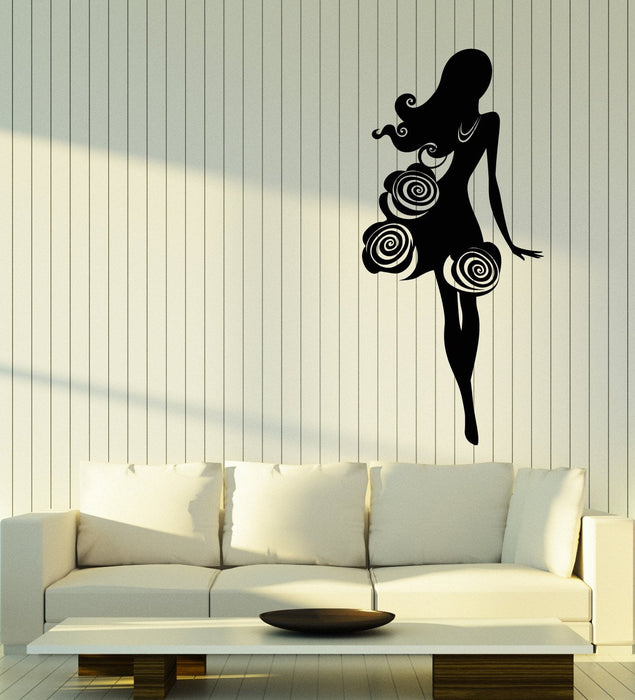 Vinyl Wall Decal Fashion Top Model Silhouette Girl In Dress Flowers Buton Stickers (2739ig)
