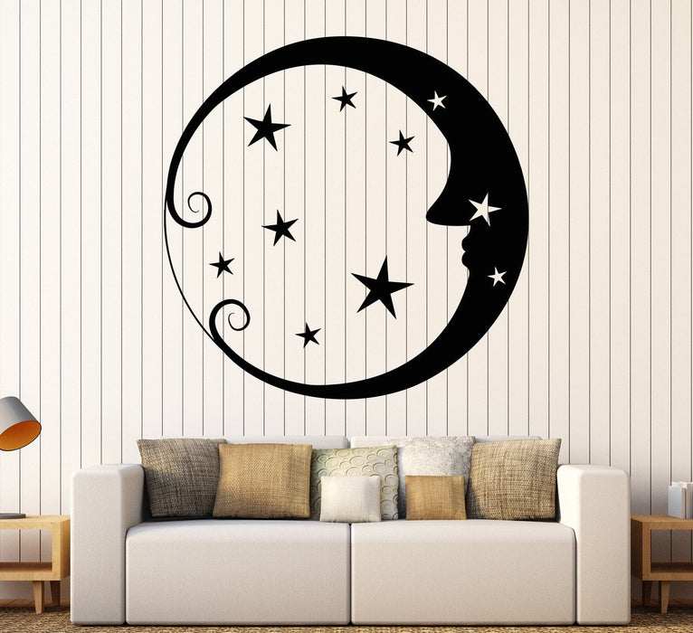 Vinyl Wall Decal Moon Face Stars Circle Art Children's Room Decor Stickers Unique Gift (1382ig)