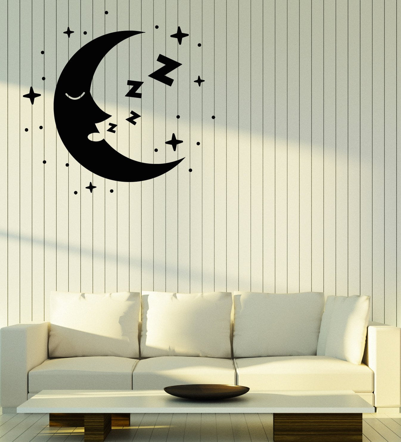 Vinyl Wall Decal Cartoon Crescent Sleeping Moon Face Stars Nursery Roo ...