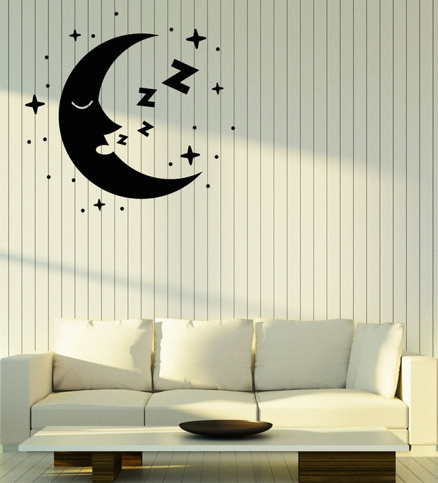 Vinyl Wall Decal Cartoon Crescent Sleeping Moon Face Stars Nursery Room Stickers (2819ig)