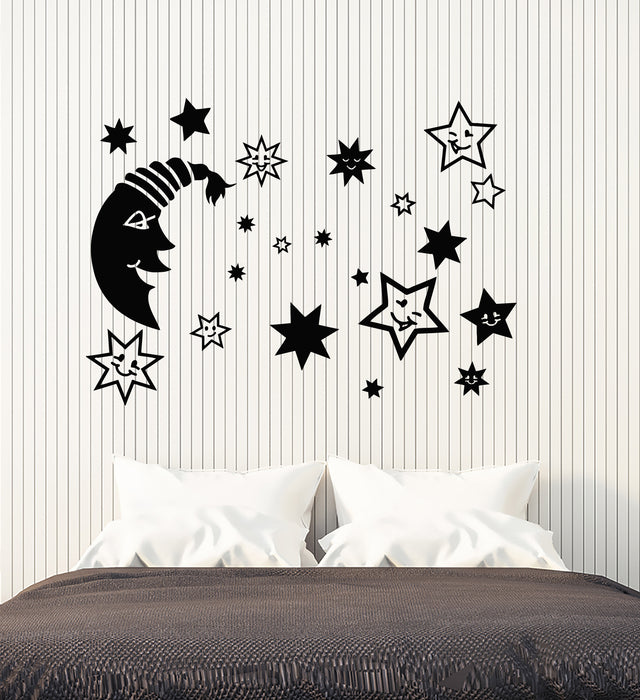 Vinyl Wall Decal Cartoon Moon Stars Face Night Children's Room Stickers (3236ig)
