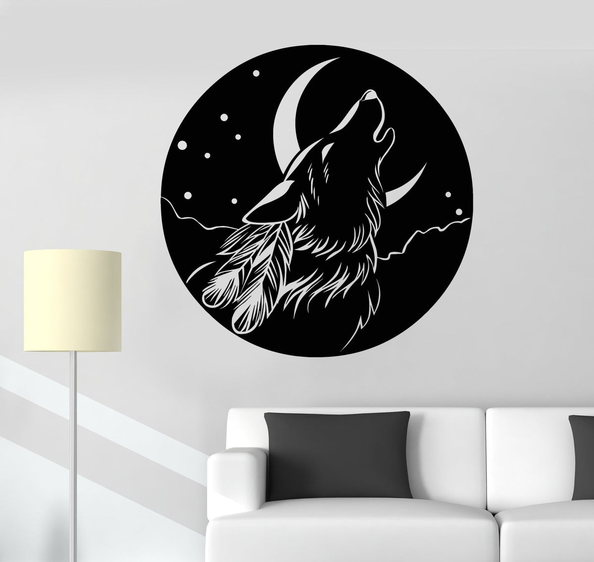 Vinyl Wall Decal Abstract Moon Howling Wolf Head Feathers Stickers (22 ...