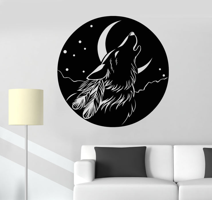 Vinyl Wall Decal Abstract Moon Howling Wolf Head Feathers Stickers (2255ig)