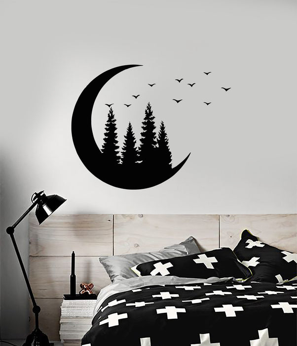 Vinyl Wall Decal Crescent Moon Forest Trees Birds Nature Room Decor Stickers (2791ig)