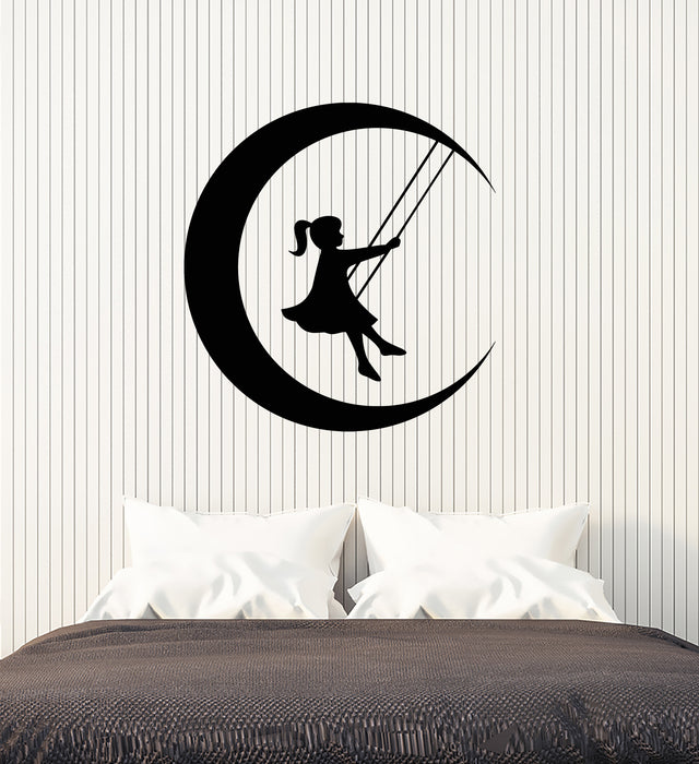 Vinyl Wall Decal Fairy Tale Swing Little Girl On Moon Crescent Stickers (3501ig)
