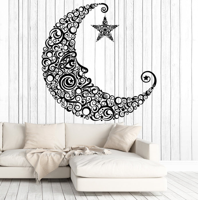 Autocollant mural en vinyle avec visage de lune et étoile - Décoration artistique pour chambre d'enfant - Cadeau unique (1271ig)