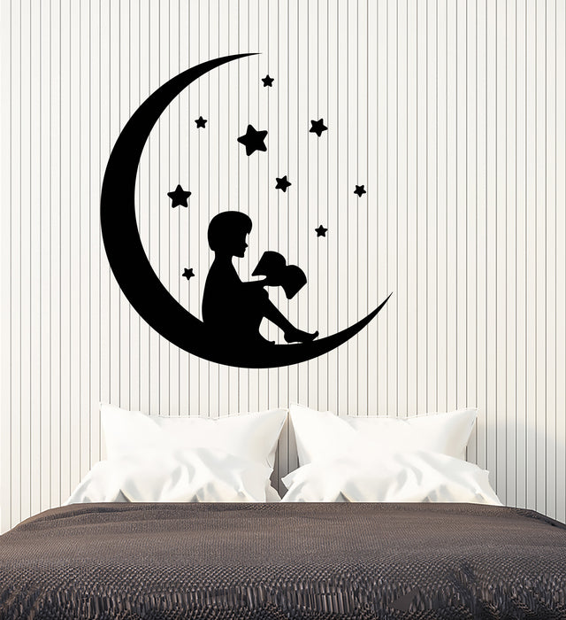 Vinyl Wall Decal Reading Boy On Crescent Moon Fairy Tales Book Stickers (3480ig)