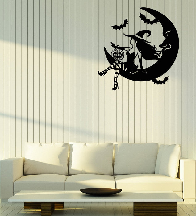 Vinyl Wall Decal Fairy Tale Halloween Witch On Crescent Stickers (2973ig)