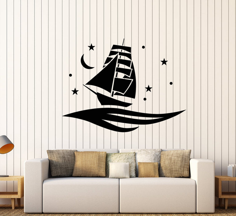 Vinyl Wall Decal Cartoon Ship Sea Waves Stars Moon Night Stickers (2388ig)