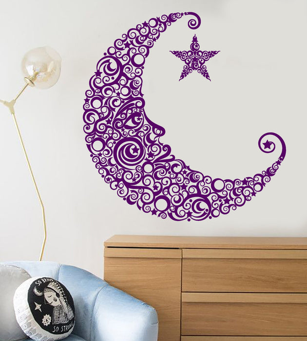 Autocollant mural en vinyle avec visage de lune et étoile - Décoration artistique pour chambre d'enfant - Cadeau unique (1271ig)