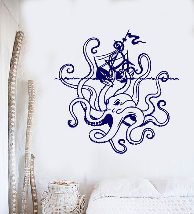 Vinyl Wall Decal Angry Octopus Ship Sea Monster Ocean Style Stickers Unique Gift (1362ig)