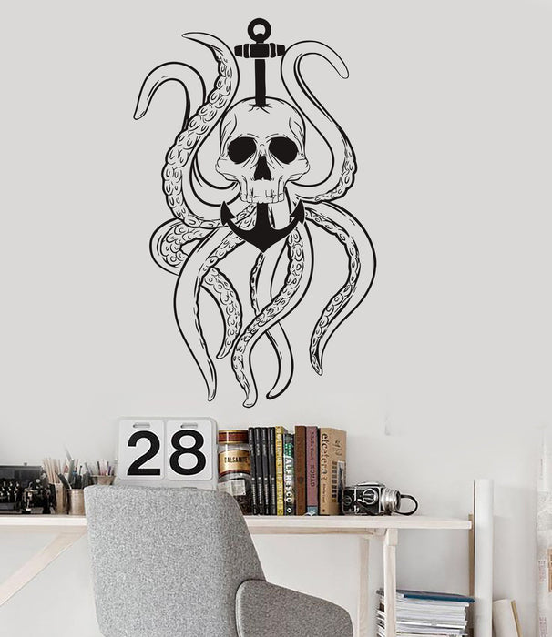 Vinyl Wall Decal Octopus Tentacles Skull Anchor Nautical Ocean Stickers Unique Gift (ig3584)