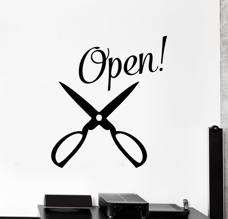 Vinyl Wall Decal Open Hair Salon Scissors Barbershop Beauty Stickers Mural Unique Gift (ig4958)