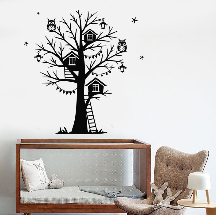 Vinyl Wall Decal Owls Lanterns Branches Tree House Night Stars Nursery Stickers Unique Gift (694ig)