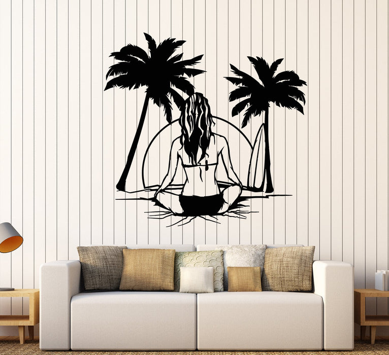Vinyl Wall Decal Beach Sea Style Surfer Surfing Girl Back Palm Tree Stickers Unique Gift (2104ig)