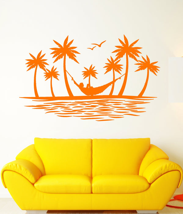 Vinyl Wall Decal Island Palm Tree Birds Hammock Hawaii Beach Style Stickers Unique Gift (1851ig)