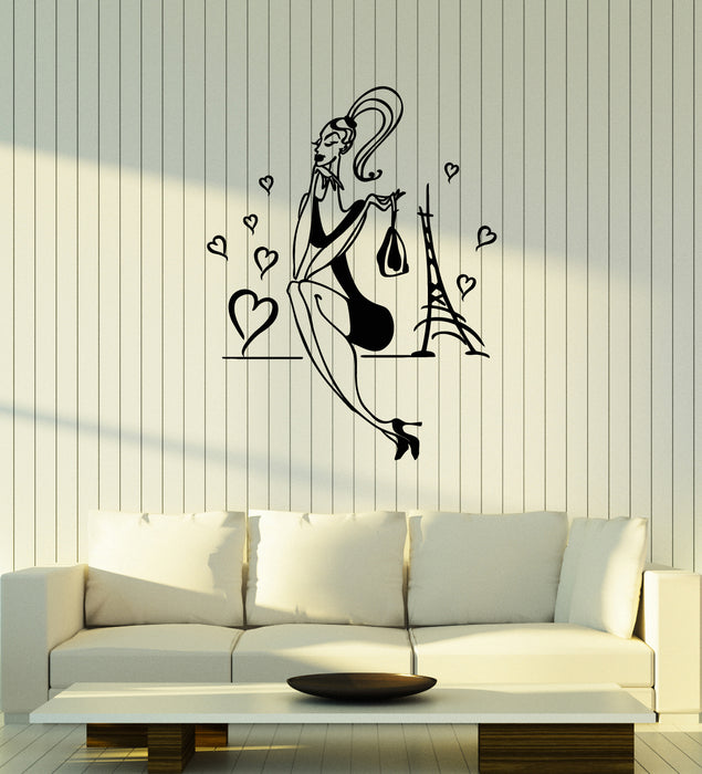 Vinyl Wall Decal Paris Eiffel Tower Cartoon Girl Romantic Stickers (3393ig)