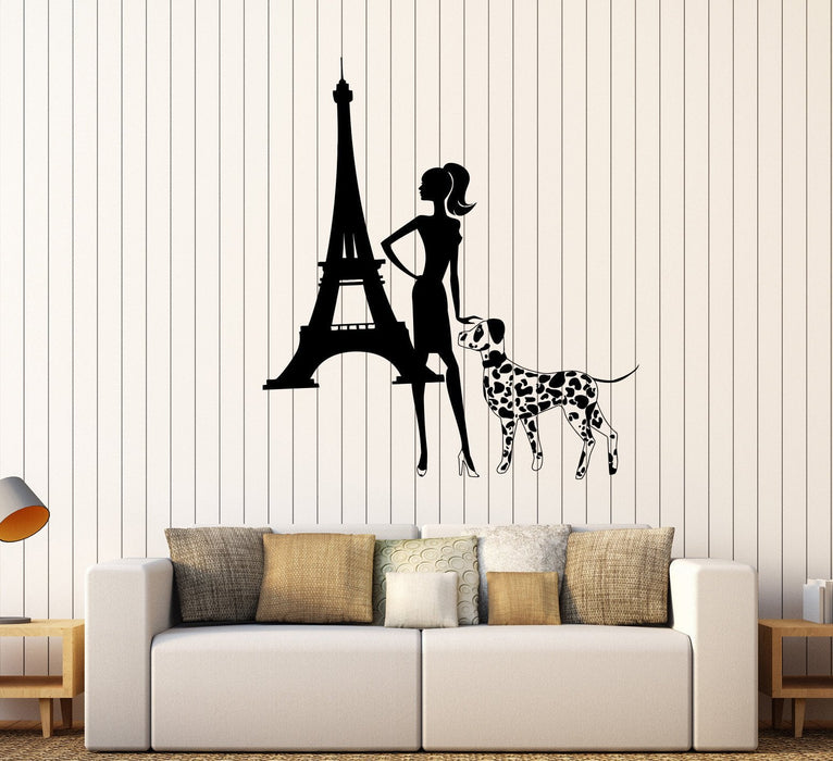 Vinyl Wall Decal Fashion Girl Lady Dog Eiffel Tower Paris Stickers Unique Gift (418ig)