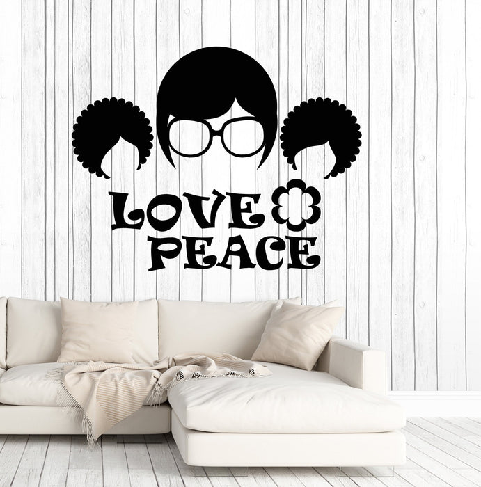 Autocollant mural en vinyle rétro lunettes de soleil hippie mots d'amour coiffure afro autocollants cadeau unique (2105ig)