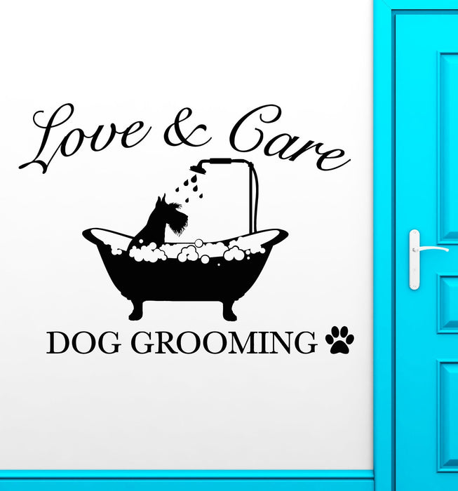 Vinyl Wall Decal Dog Grooming Love And Care Signboard Logo Pet In Bath Stickers (2604ig)