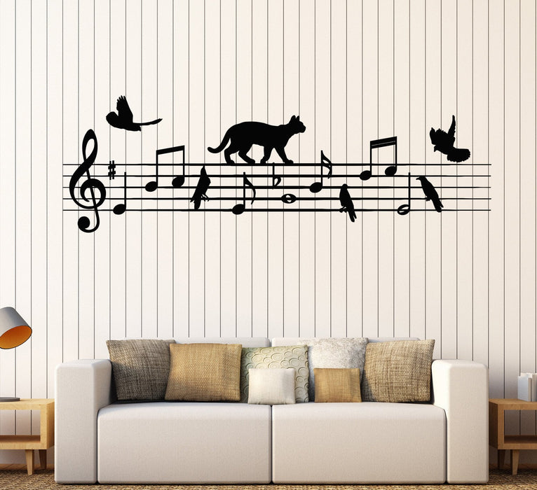 Vinyl Wall Decal Notes Music School Bird Cat Nursery Children's playroom Stickers Unique Gift (1035ig)