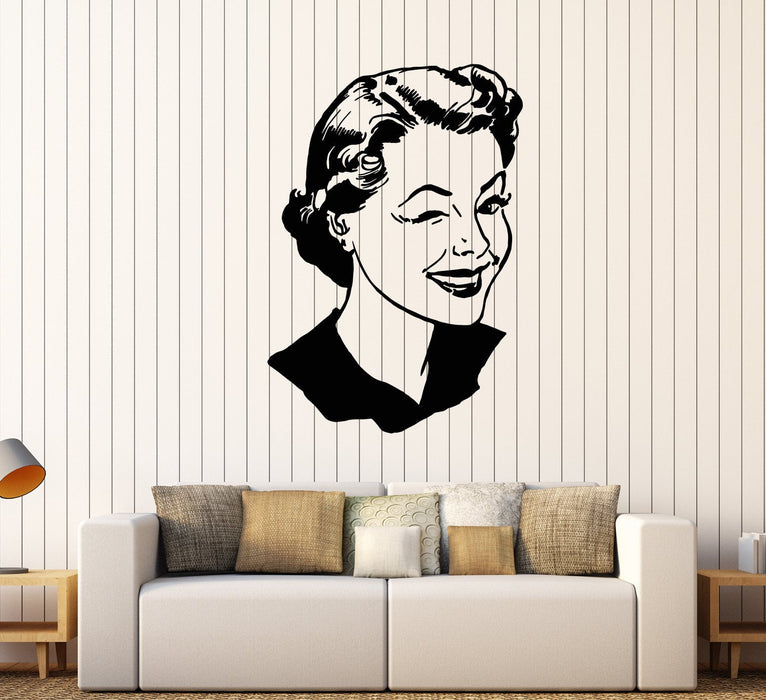 Vinyl Wall Decal Pin-up Model Retro Winking Girl Face Vintage Woman Stickers (2517ig)